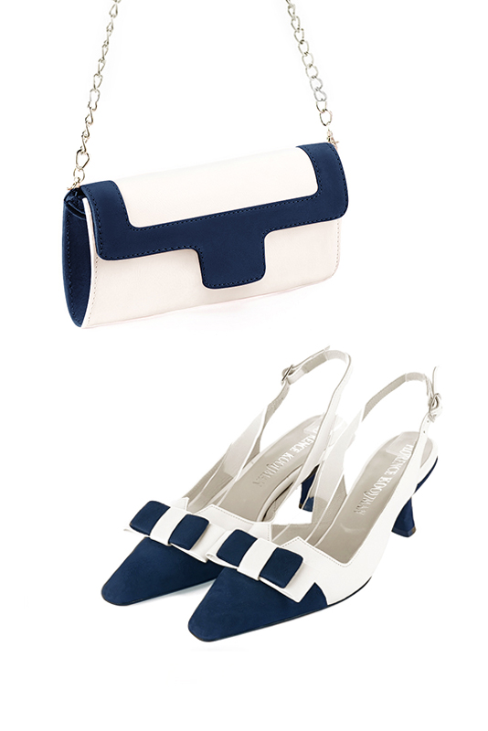 Dress clutch for wedding and parties in off white and midnight blue leather - Worn view
